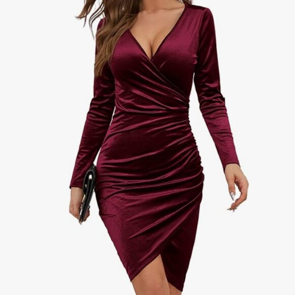 Womens Wrap V Neck Long Sleeve Velvet Bodycon Ruched Cocktail Dress - Picture 1 of 3